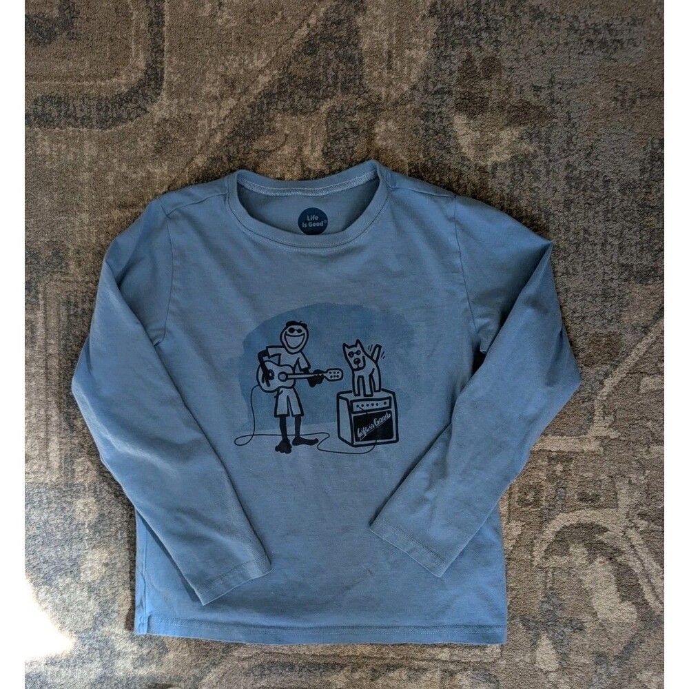 Life is Good Kids  Shirt 10-12 L Long Sleeve Blue Guitar Guy Dog Tee Cotton